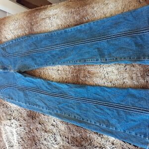 REVICE Blue Flare Wide Leg Jeans with Horizontal Stitching and Fading